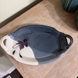 Kent Follette Pottery Oval Platter Dish Tray Blue Purple Floral 13"x8" Signed